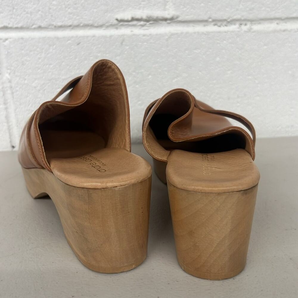 Sz10 Andre assoue brown tan slip on heeled Sofi clog wooden leather chunky amber - Picture 5 of 7